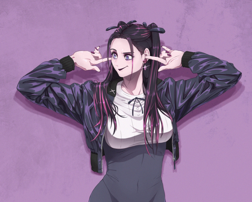 1girl, arms_up, black_dress, black_hair, black_jacket, black_neckwear, black_ribbon, blackpink, breasts, character_request, closed_mouth, commentary, covered_navel, dress, earrings, english_commentary, finger_in_ear, glint, highres, jacket, jewelry, lipstick, long_sleeves, looking_to_the_side, makeup, medium_breasts, multicolored_hair, nail_polish, neck_ribbon, open_clothes, open_jacket, plugging_ears, purple_background, purple_eyeshadow, purple_hair, purple_lipstick, purple_nails, qtime4_702, ribbon, shadow, simple_background, solo, streaked_hair, two-tone_hair, upper_body, zipper, zipper_pull_tab