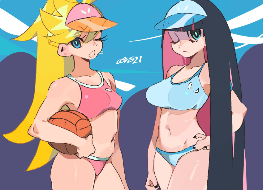 2girls, absurdres, aqua_background, aqua_bikini, aqua_eyes, aqua_sky, ball, bangs, bare_shoulders, bikini, blonde_hair, blue_bikini, blue_hair, breasts, collarbone, colored_inner_hair, commentary, english_commentary, hand_on_hip, highres, holding, holding_ball, large_breasts, long_hair, looking_at_viewer, midriff, multicolored, multicolored_background, multicolored_hair, multiple_girls, nail_polish, navel, one_eye_closed, open_mouth, panties, panty_&amp;_stocking_with_garterbelt, panty_(psg), pink_bikini, pink_hair, pink_sports_bra, purple_background, shiny, shiny_skin, smile, sports_bra, standing, stocking_(psg), stomach, swimsuit, two-tone_hair, underwear, volleyball, whoopsatro
