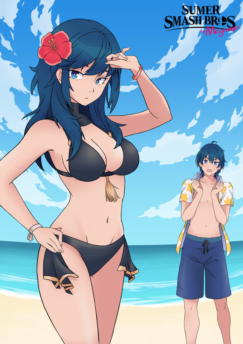 1boy, 1girl, ahoge, beach, bikini, black_bikini, blue_eyes, blue_hair, blue_sky, brother_and_sister, byleth_eisner_(female), byleth_eisner_(male), clouds, cowboy_shot, cute, day, female_my_unit_(fire_emblem:_three_houses), female_swimwear, fire_emblem, fire_emblem:_three_houses, fire_emblem_16, fire_emblem_heroes, hibiscus, intelligent_systems, male_my_unit_(fire_emblem:_three_houses), male_swimwear, megum0_kun, middle_hair, my_unit_(fire_emblem:_three_houses), navel, nintendo, ocean, project_m, sexy, shirt, short_hair, siblings, sky, summer, super_smash_bros., super_smash_bros._revolution, super_smash_bros._ultimate, super_smash_bros_brawl, super_smash_bros_legacy_te, swim_trunks