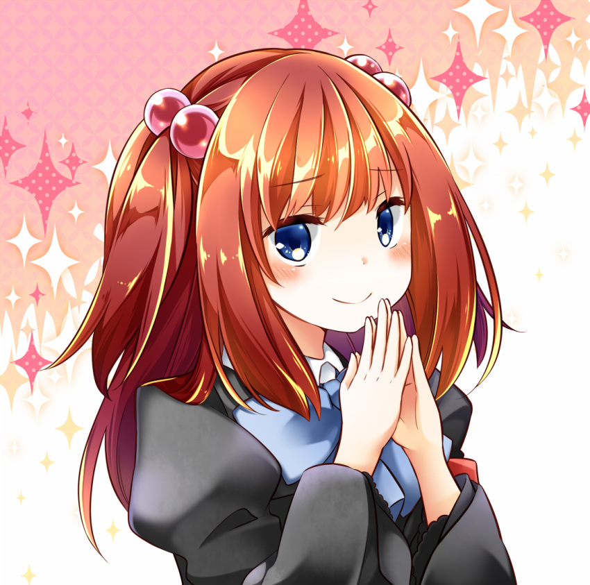 1girl, black_jacket, blue_eyes, blue_ribbon, closed_mouth, collared_shirt, eyebrows_visible_through_hair, hair_ornament