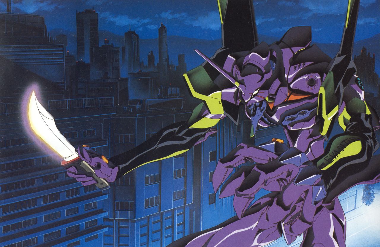 city, eva_01, gainax, honda_takeshi, knife, mecha, military, mountain