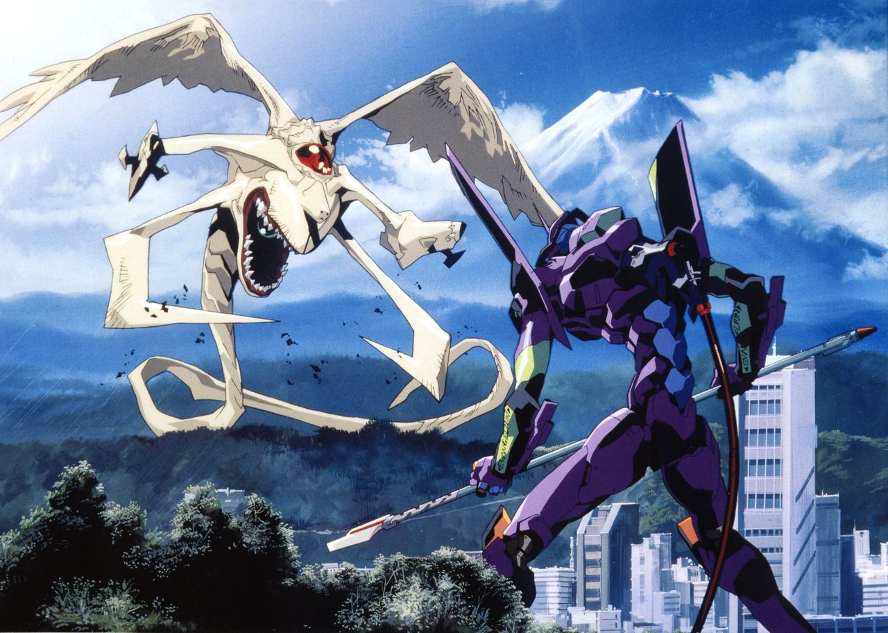 city, creature, eva_01, fighting, flying, gainax, kaijuu, lance, mecha, monster, mountain, neon_genesis_evangelion, no_humans, official_art, polearm, scan, sky, smoke, standing, tatsunoko_pro, tree, weapon, yoshinari_you