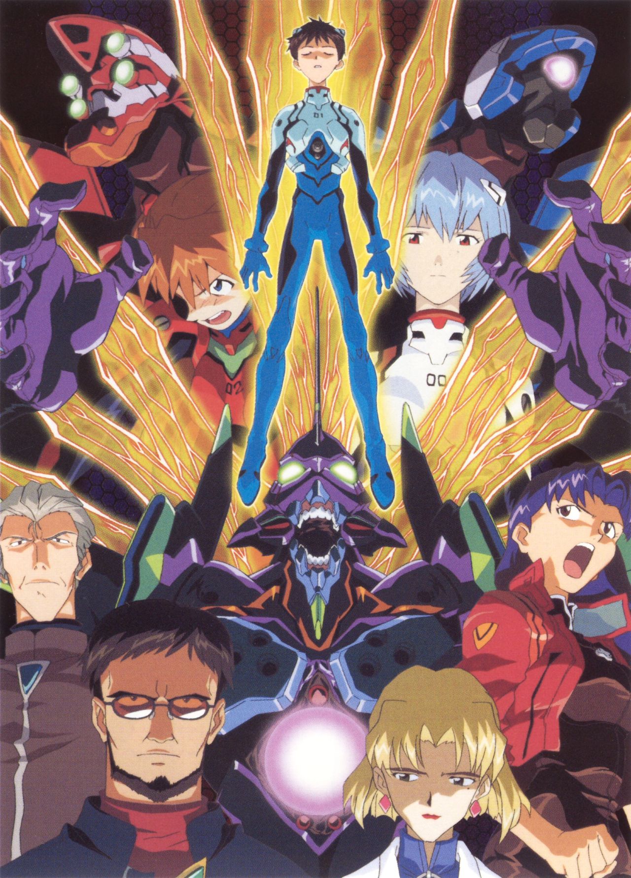3boys, 4girls, akagi_ritsuko, ayanami_rei, blonde_hair, blue_eyes, blue_hair, brown_hair