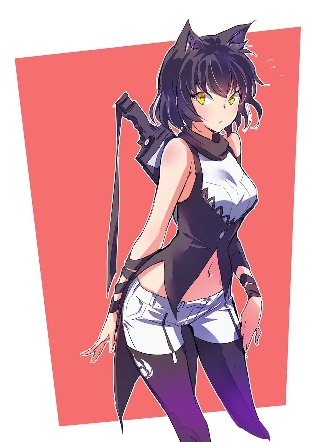 1girl, animal_ears, arm_ribbon, bare_shoulders, black_hair, black_legwear, black_scarf, blake_belladonna