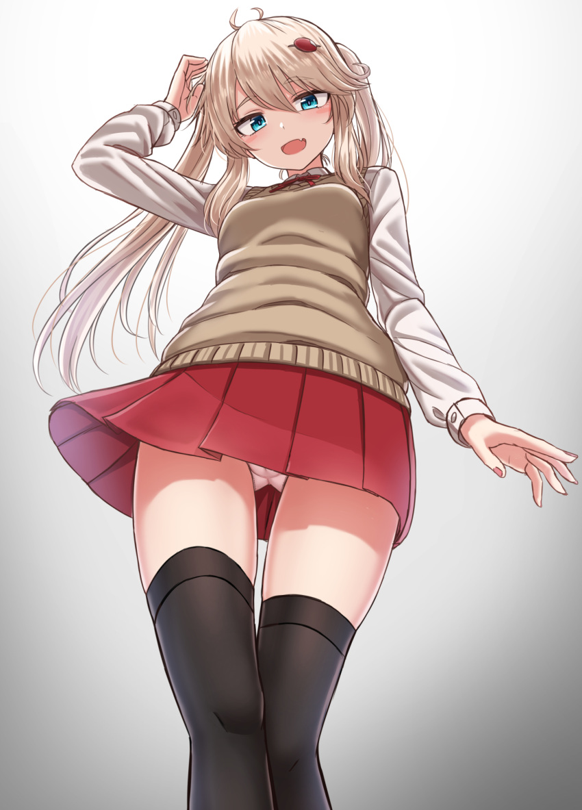 1girl, :d, ahoge, arm_up, bangs, black_legwear, blush, breasts