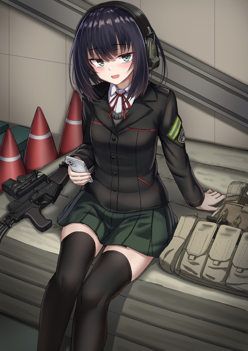 1girl, :d, arm_support, as_val, assault_rifle, bangs, black_hair, black_jacket