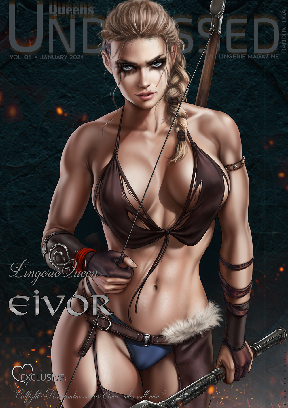 1girl, artist_name, assassin's_creed:_valhalla, assassin's_creed_(series), bare_shoulders, blonde_hair, blue_eyes, blue_panties, bow_(weapon), breasts, colored_skin, dandon_fuga, eivor_(assassin's_creed), eyeshadow, fingerless_gloves, gloves, highres, large_breasts, looking_at_viewer, makeup, panties, scar, scar_on_face, solo, torn_clothes, underwear, weapon, white_skin