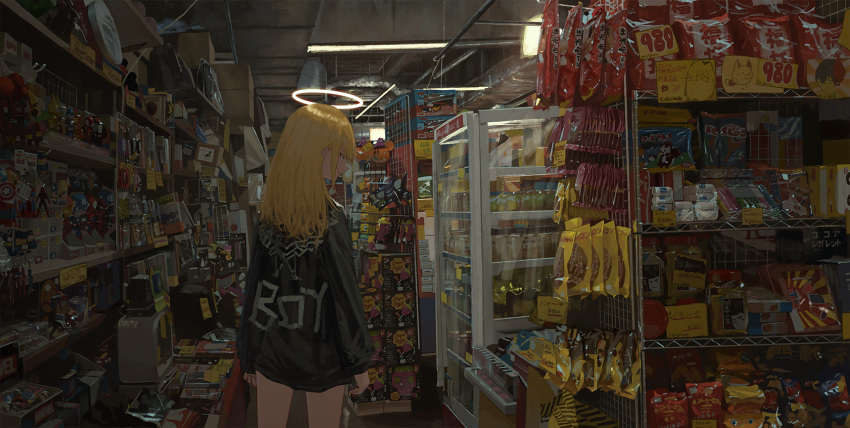 1girl, blonde_hair, blue_eyes, box, captain_america, copyright_name, cowboy_shot, deadpool
