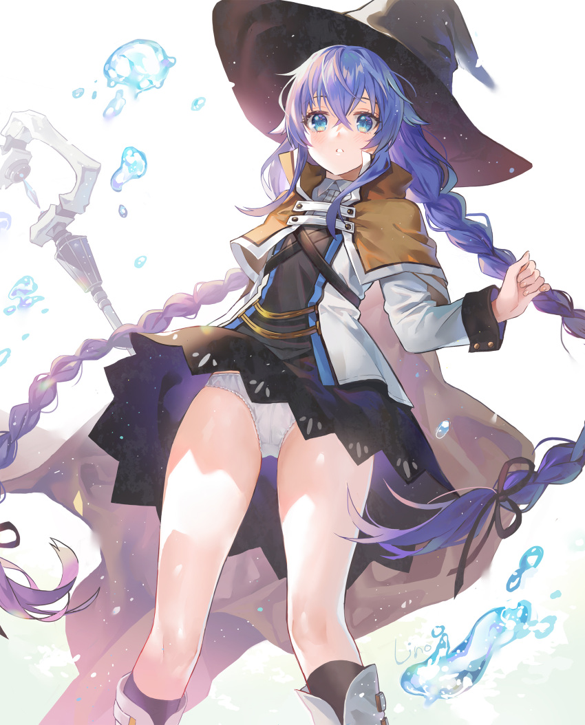 1girl, artist_name, bangs, black_legwear, black_skirt, blue_eyes, boots, braid, brown_cloak, cloak, collared_shirt, commentary_request, crossed_bangs, eyebrows_behind_hair, hair_between_eyes, hair_flaps, hair_ribbon, hand_up, hat, highres, knee_boots, light_blush, lino_chang, long_hair, long_sleeves, looking_at_viewer, multiple_braids, mushoku_tensei, panties, pantyshot, purple_hair, ribbon, roxy_migurdia, shirt, sidelocks, skirt, sleeve_cuffs, solo, staff, twin_braids, twintails, underwear, upskirt, very_long_hair, water, white_panties, witch_hat