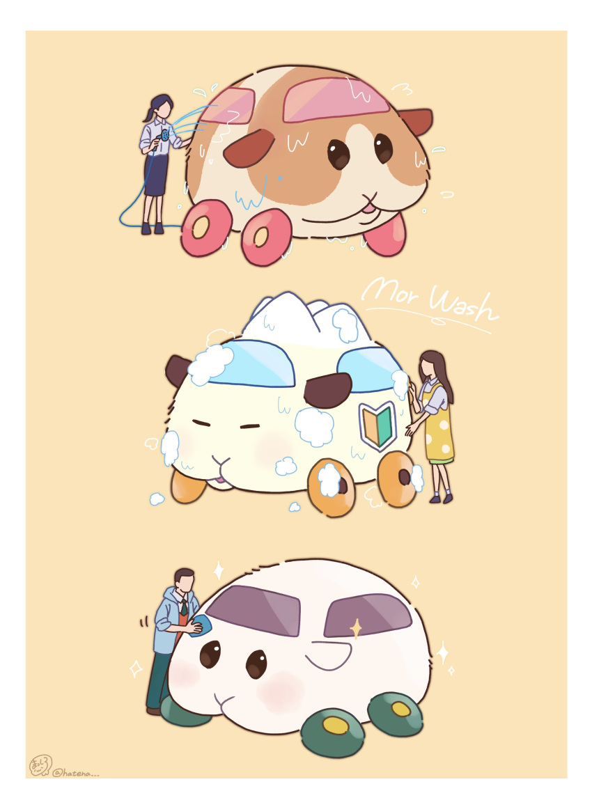1boy, 2girls, abby_(pui_pui_molcar), absurdres, artist_name, car_wash, closed_eyes, commentary_request