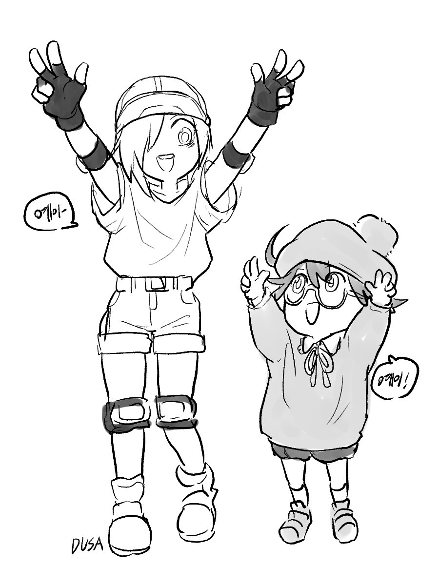 1boy, 1girl, aa-2153, ahoge, baseball_cap, black_gloves, dusa, elbow_pads