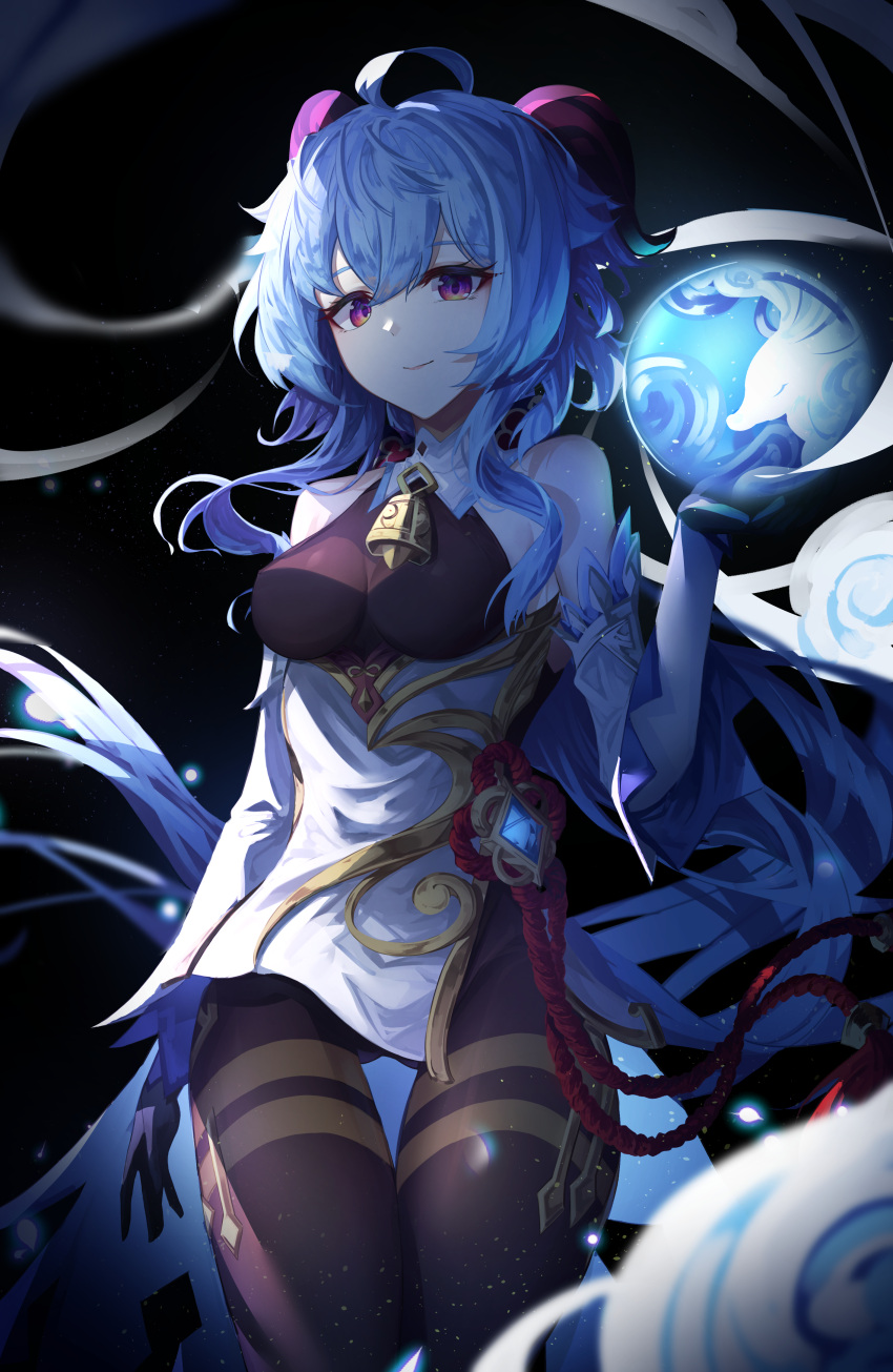 1girl, absurdres, ahoge, arm_up, backlighting, bare_shoulders, bell, black_background