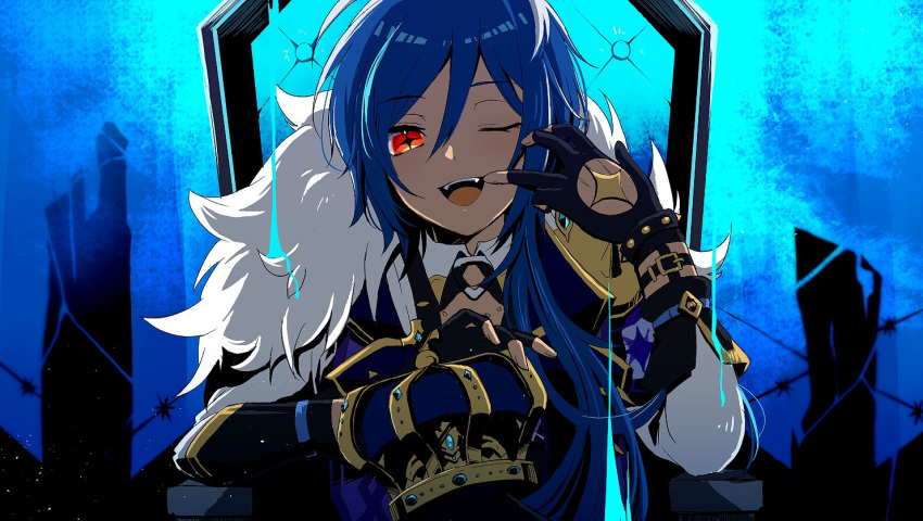 +_+, 1boy, ;d, abstract_background, arm_up, backlighting, black_gloves, blue_hair