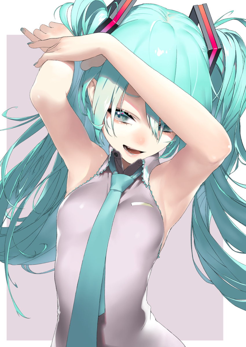 1girl, aqua_hair, aqua_nails, aqua_neckwear, armpits, arms_up, bare_arms, bare_shoulders