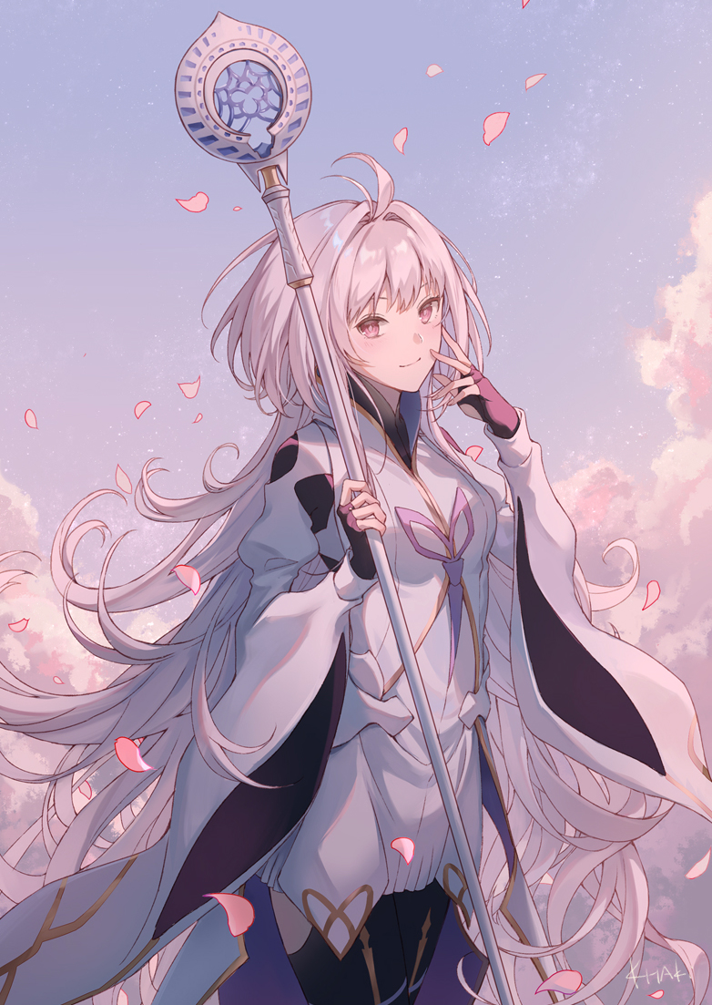 1girl, ahoge, bangs, black_gloves, black_legwear, breasts, clothing_cutout, clouds