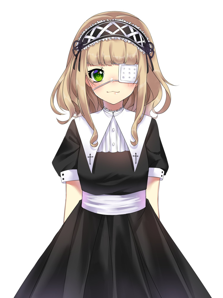 1girl, :3, bangs, blonde_hair, blush, breasts, eyepatch, green_eyes