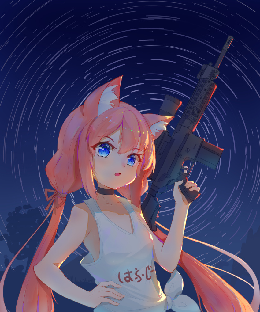 1girl, :o, animal_ears, blue_background, blue_eyes, cat_ears, child, choker