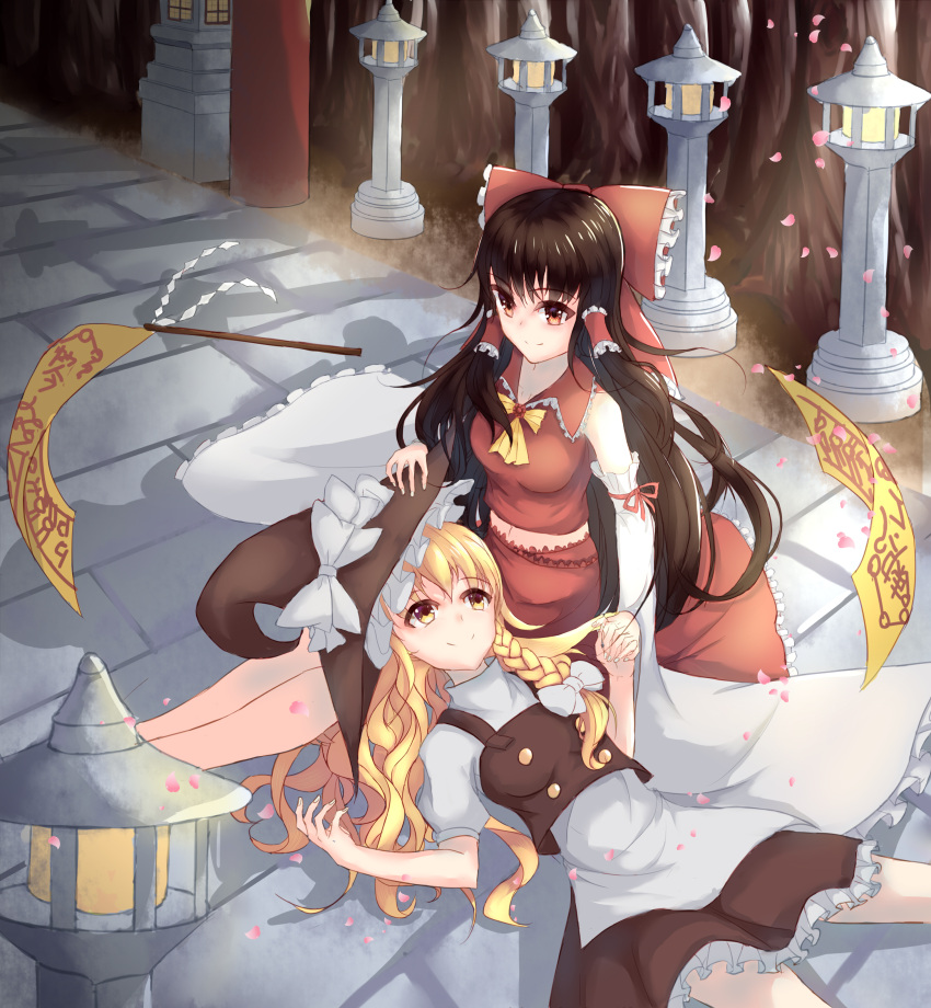 2girls, absurdres, bangs, black_hair, blonde_hair, bow, braid, breasts