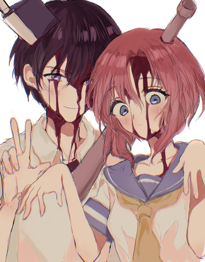 1boy, 1girl, absurdres, baseball_bat, bleeding, blood, blood_on_face, blue_eyes