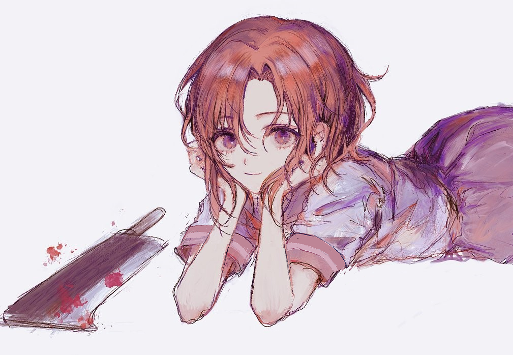 1girl, blood, bloody_weapon, closed_mouth, eyebrows_visible_through_hair, fuyu_(wldnrowldnro), hatchet, higurashi_no_naku_koro_ni