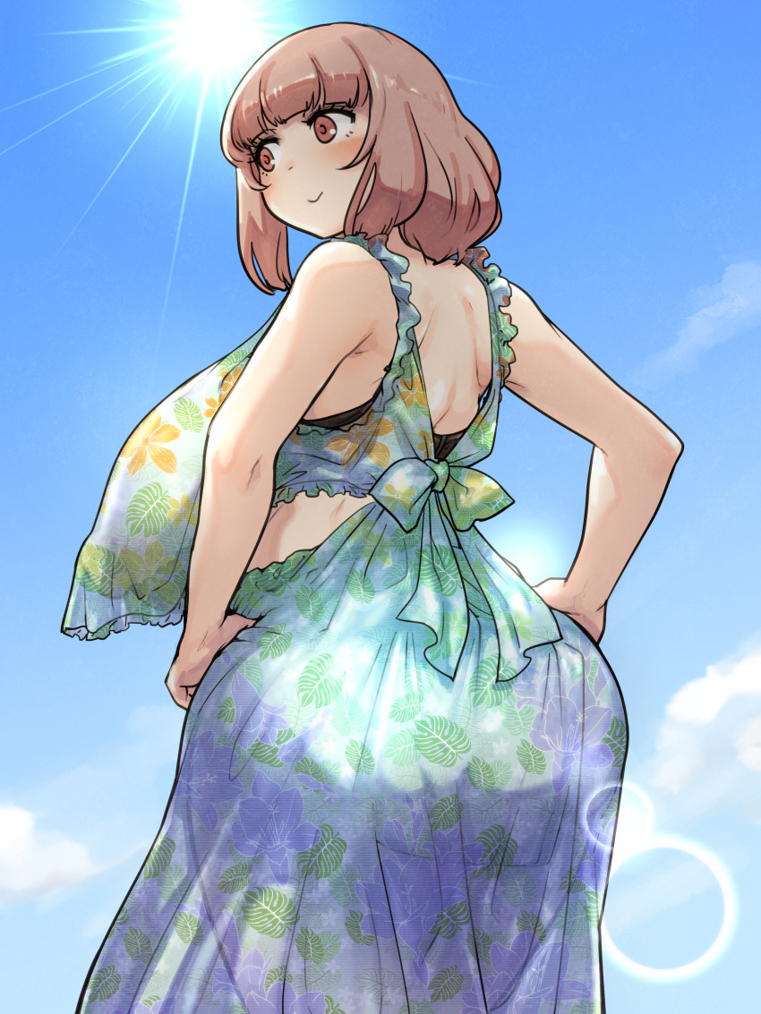1girl, absurdres, back_bow, bangs, blunt_bangs, bow, breasts, brown_eyes, brown_hair, clouds, cloudy_sky, covered_nipples, danchizuma, dot_nose, dress, floral_print, frills, hands_on_hips, highres, huge_breasts, looking_to_the_side, medium_hair, outdoors, see-through, sky, solo, sun, tareme, wide_hips