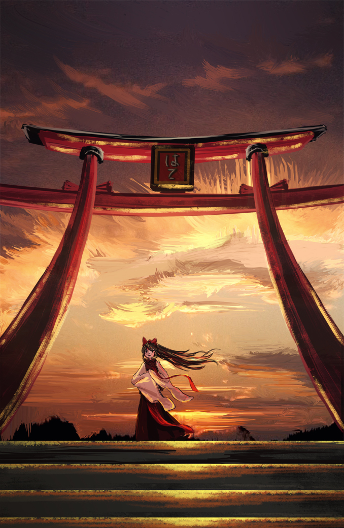 architecture, bow, brown_hair, clouds, cloudy_sky, detached_sleeves, east_asian_architecture, evening