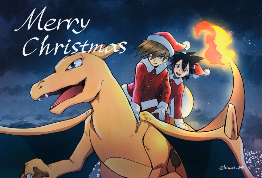 2boys, artist_name, bangs, black_hair, blue_oak, brown_hair, buttons, charizard