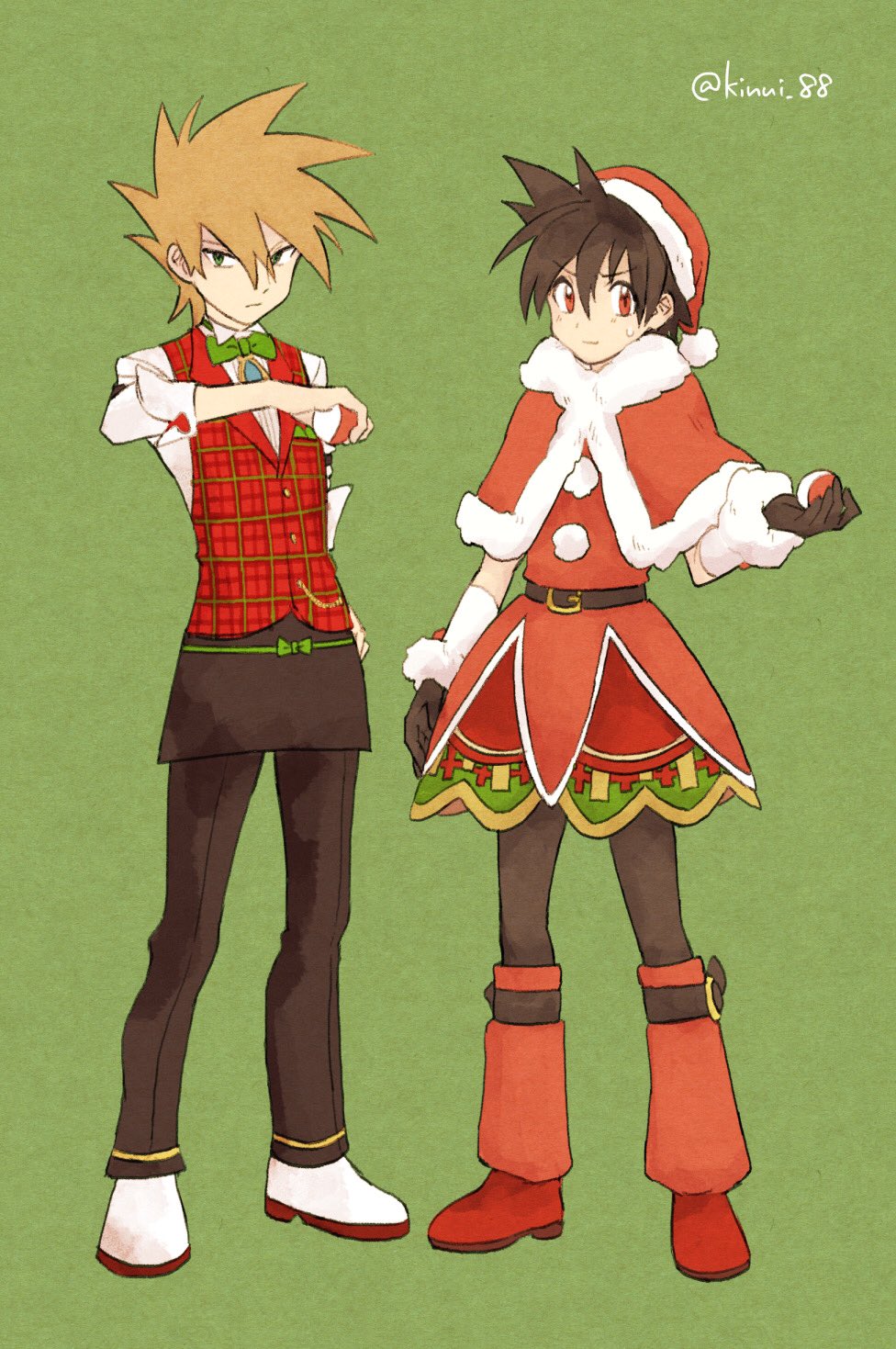 2boys, apron, artist_name, bangs, blue_oak, bow, bowtie, capelet