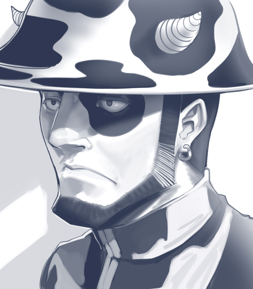 1boy, animal_print, beard, boa_(brianoa), chinese_zodiac, closed_mouth, commentary, cow_horns, cow_print, earrings, english_commentary, facial_hair, greyscale, helmet, highres, horns, hunter_x_hunter, jacket, jewelry, male_focus, mizaistom_nana, monochrome, portrait, solo, year_of_the_ox
