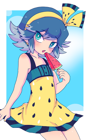 28423, armpit_peek, blue_hair, dress, feet_out_of_frame, food, frilled_dress, frills