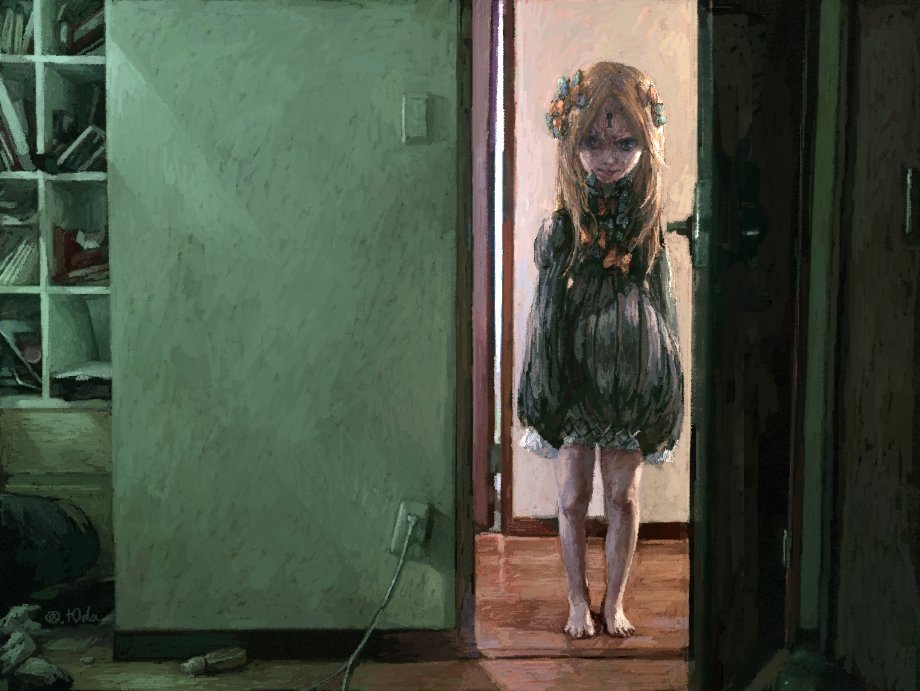 1girl, abigail_williams_(fate/grand_order), artist_name, bangs, barefoot, black_bow, black_dress, blonde_hair, book, bookshelf, bow, cable, child, commentary_request, door, dress, fate/grand_order, fate_(series), hair_bow, horror_(theme), indoors, keyhole, long_hair, looking_at_viewer, no_humans, open_door, orange_bow, parted_bangs, realistic, scenery, solo, standing, t0da