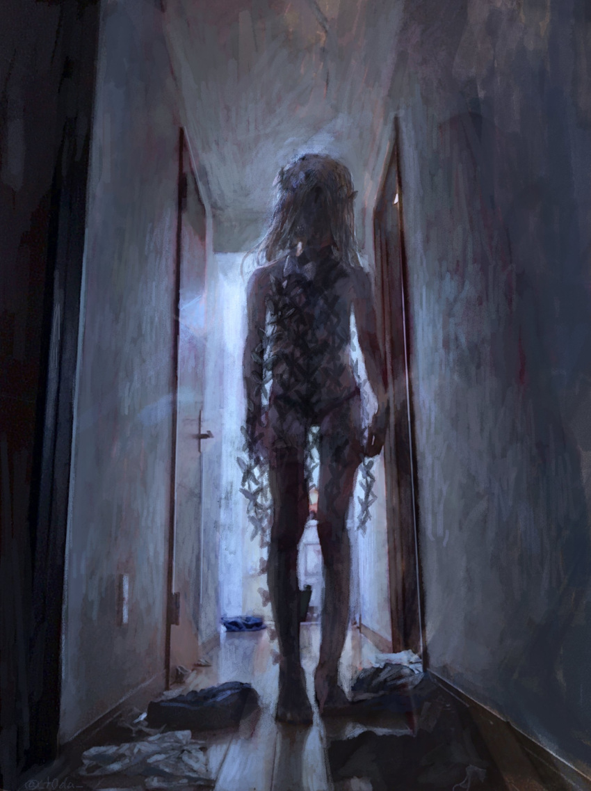 1girl, abigail_williams_(fate/grand_order), absurdres, arms_at_sides, bangs, black_panties, blonde_hair, bow, clothes_on_floor, clothes_removed, commentary_request, facing_viewer, fate/grand_order, fate_(series), floor, highres, horror_(theme), indoors, keyhole, long_hair, orange_bow, panties, parted_bangs, realistic, scenery, solo, standing, t0da, underwear