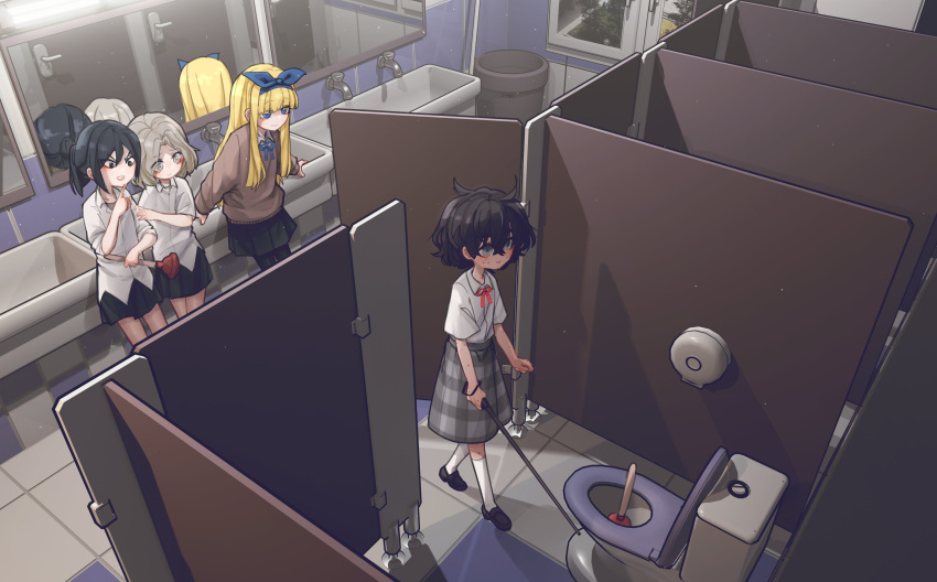 4girls, absurdres, bathroom, black_footwear, black_hair, black_legwear, blind, blind_girl_(popopoka)