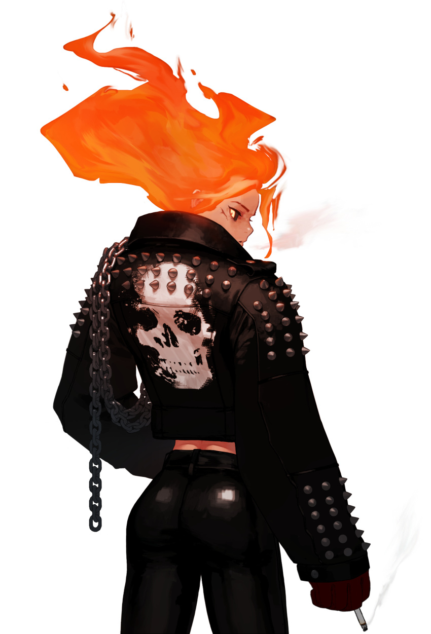 1girl, black_footwear, black_jacket, black_legwear, black_sclera, chain, cigarette, colored_sclera