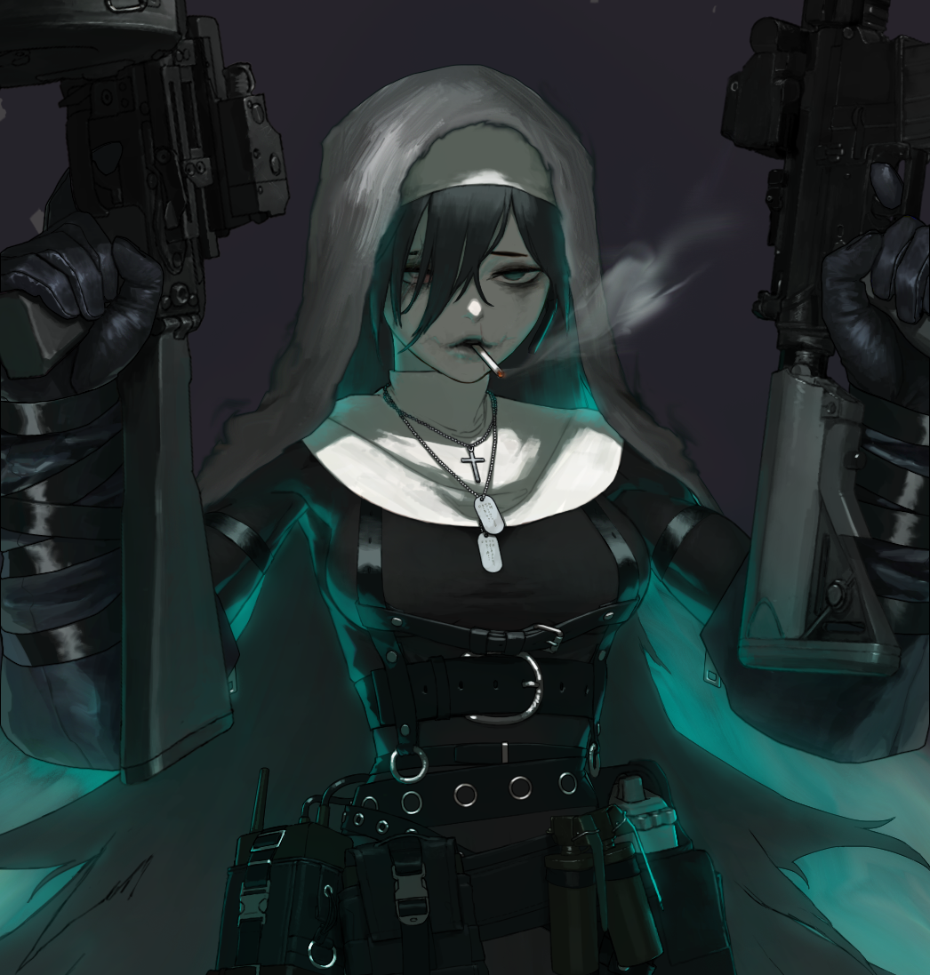 1girl, arm_strap, belt, belt_pouch, black_gloves, black_hair, cigarette, cropped