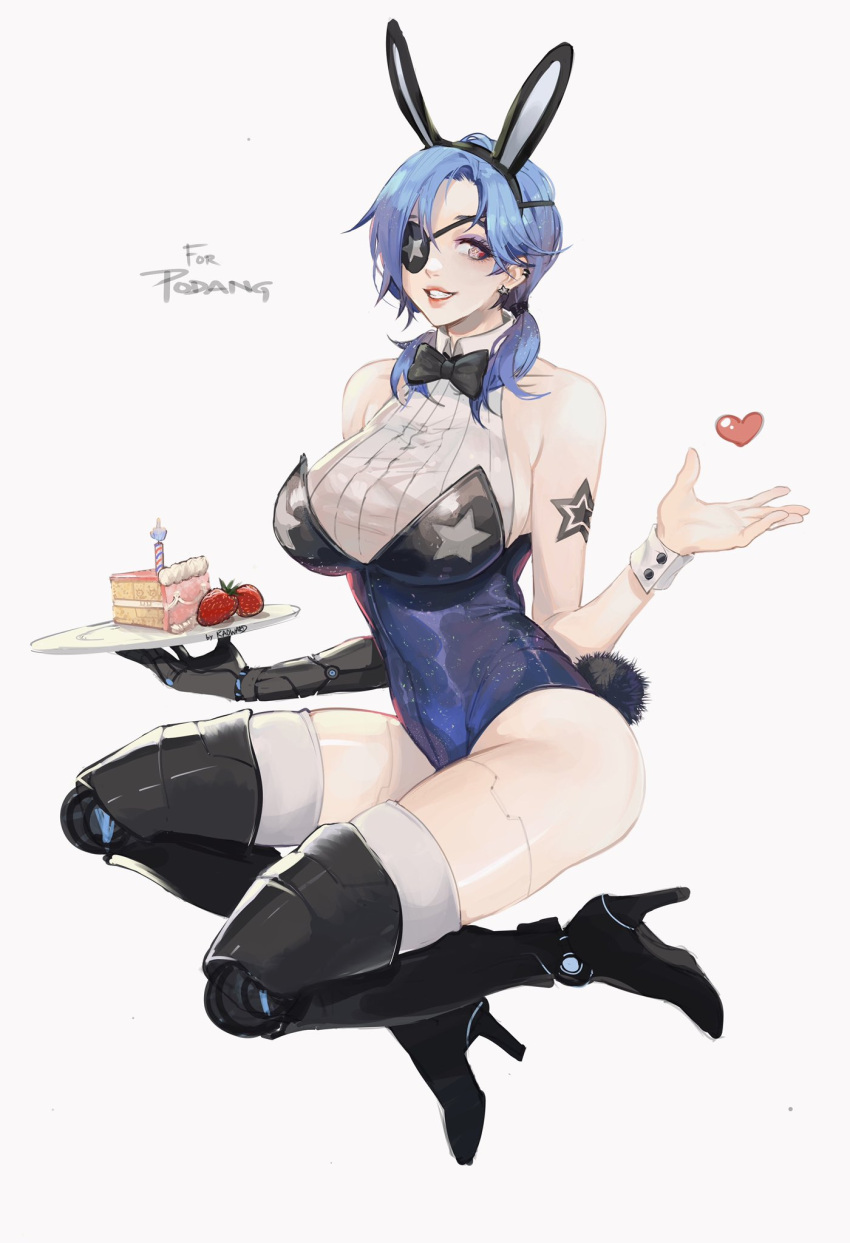 1girl, android, animal_ears, bare_shoulders, black_bow, black_eyepatch, black_neckwear, blue_hair