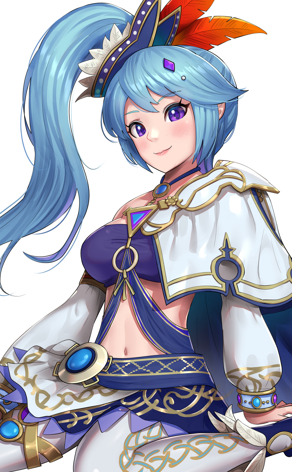 1girl, :3, arm_support, bangs, blue_hair, blush, breasts, cape, closed_mouth, commentary_request, detached_sleeves, eyebrows_visible_through_hair, feathers, gonzarez, hair_feathers, hair_ornament, highres, hyrule_warriors, jewelry, lana_(hyrule_warriors), large_breasts, long_hair, looking_at_viewer, midriff, navel, pantyhose, ponytail, purple_footwear, purple_skirt, side_ponytail, sidelocks, simple_background, single_bare_shoulder, sitting, skirt, smile, solo, strapless, swept_bangs, the_legend_of_zelda, thighlet, tubetop, violet_eyes, wariza, white_background, white_cape, white_legwear, white_sleeves