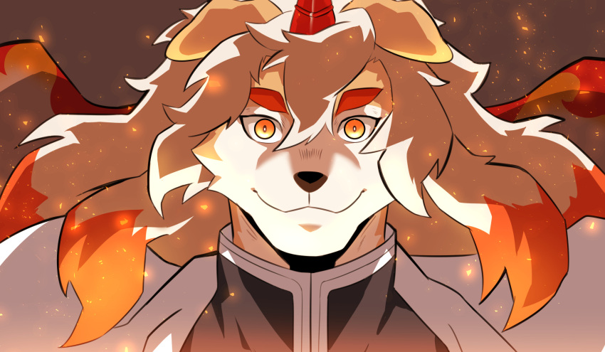 1boy, animal_ears, arknights, brown_fur, cosplay, dog_boy, dog_ears, embers