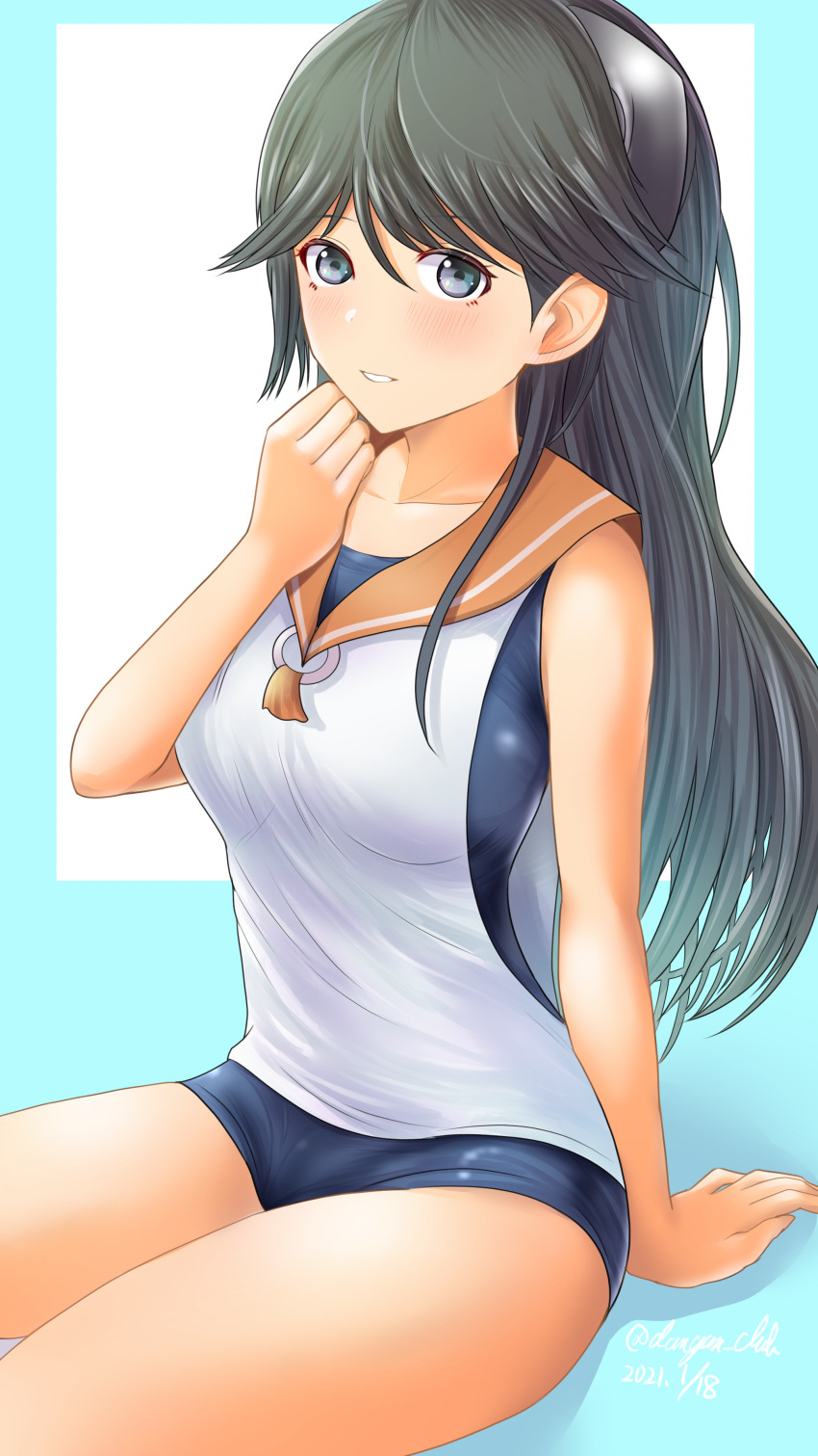 1girl, absurdres, alternate_breast_size, aqua_background, black_hair, blue_swimsuit, breasts, covered_navel