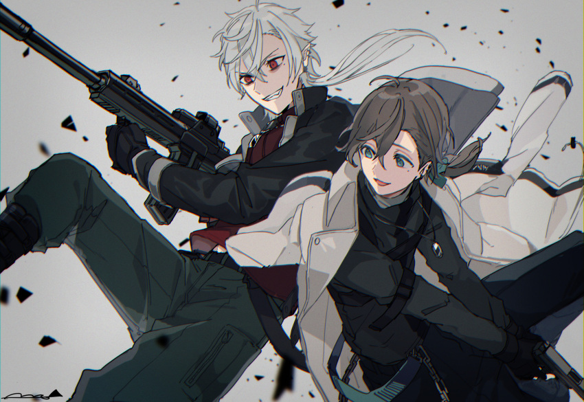 2boys, belt, black_footwear, black_gloves, boots, brown_hair, chain, chromatic_aberration