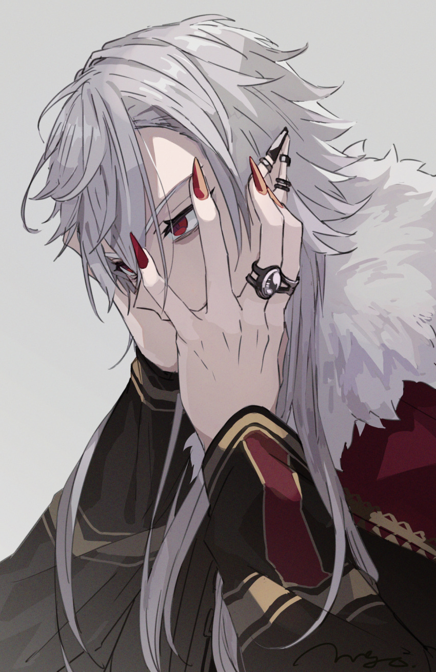 1boy, earrings, fingernails, fur_trim, grey_background, grey_hair, hands_on_own_face, highres, jewelry, kuzuha_(nijisanji), long_fingernails, long_hair, male_focus, mogayama, nijisanji, pointy_ears, red_eyes, red_nails, ring, sharp_fingernails, simple_background, solo, upper_body, vampire, virtual_youtuber