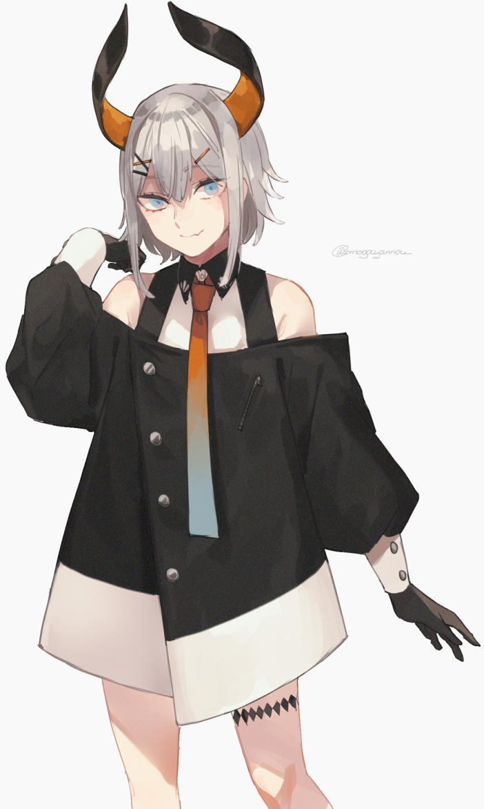 1girl, bare_shoulders, black_gloves, blue_eyes, blue_neckwear, closed_mouth, eyebrows_visible_through_hair, fang