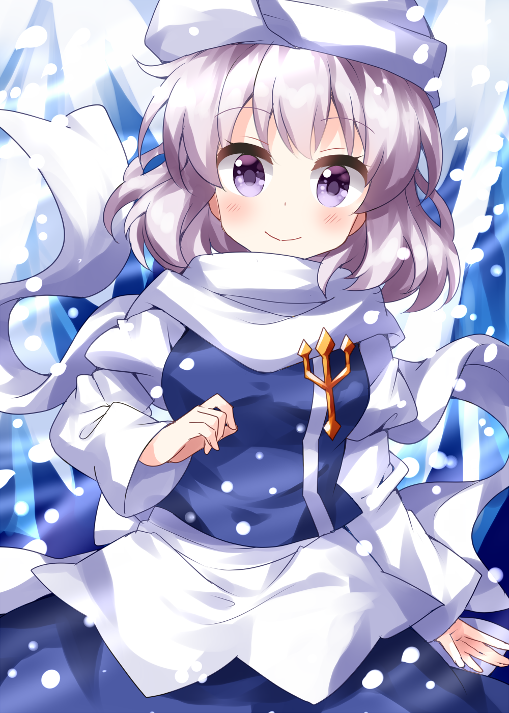 1girl, apron, bangs, blue_dress, closed_mouth, cowboy_shot, dress, eyebrows_visible_through_hair