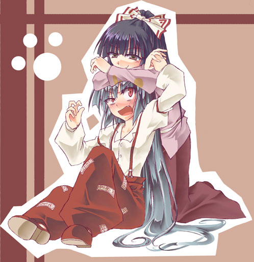 fang, fujiwara_no_mokou, head_rest, houraisan_kaguya, izana, izana_minagi, multiple_girls, touhou