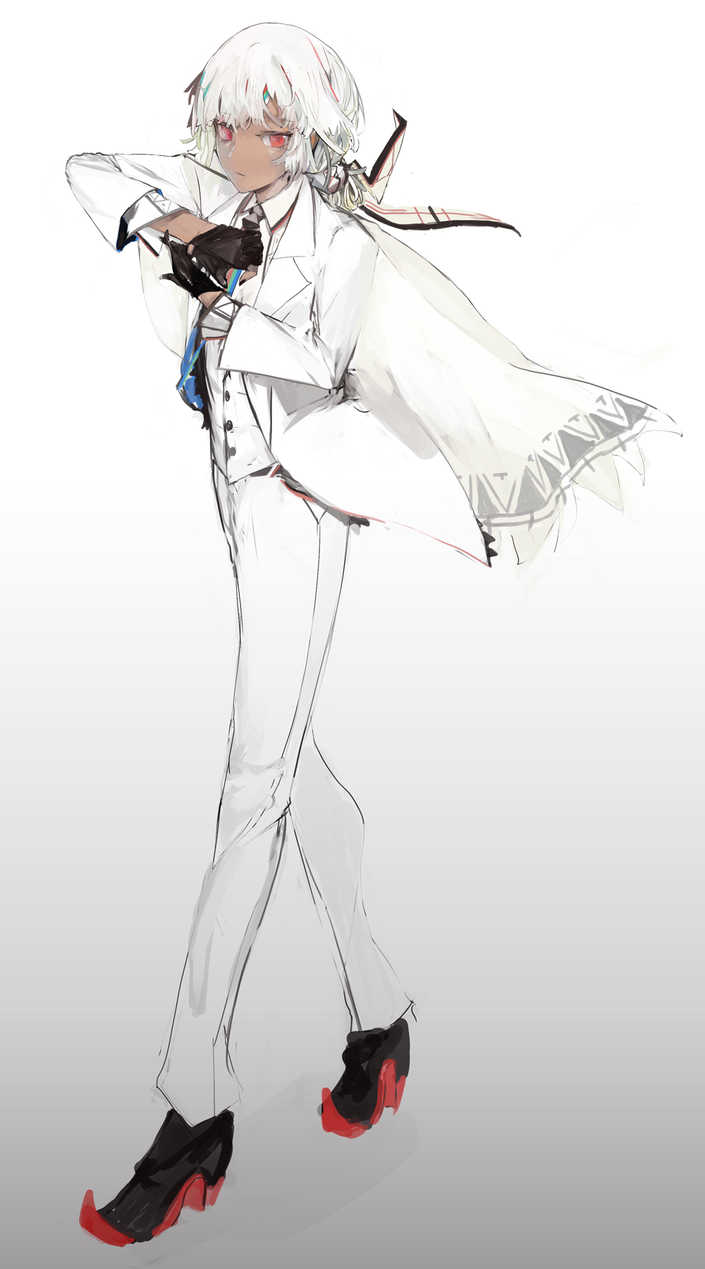1girl, altera_(fate), black_gloves, black_nails, blue_neckwear, closed_mouth, dark_skin, dark-skinned_female