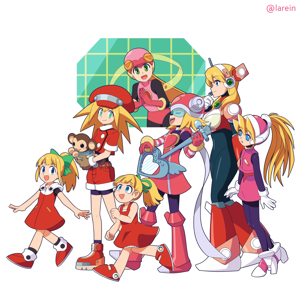 6+girls, alia_(rockman), android, animal, bangs, blonde_hair, blue_eyes, bodysuit