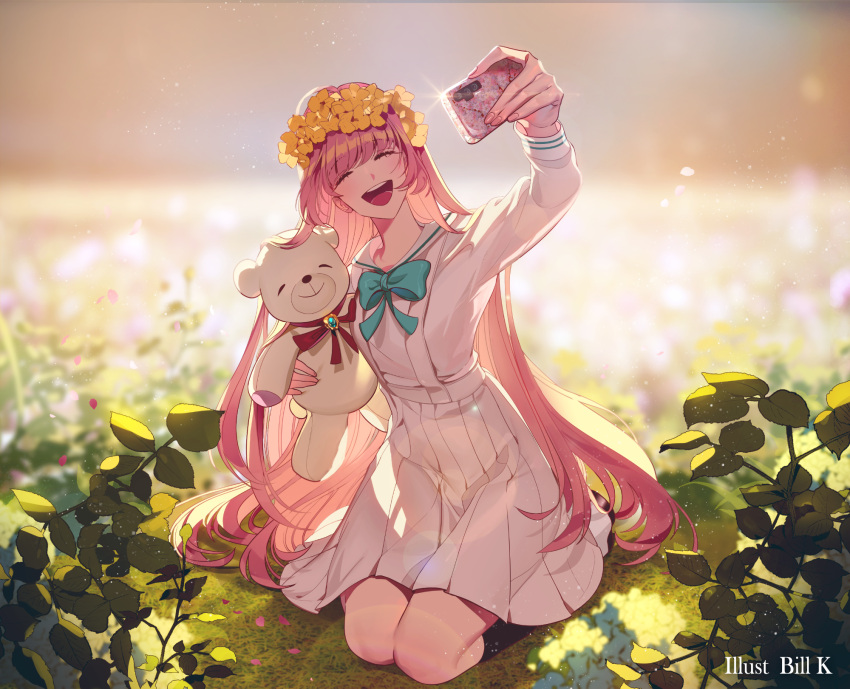 1girl, bow, cellphone, dress, flower, hair_flower, hair_ornament, highres