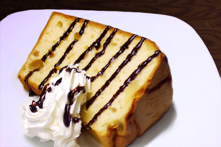 cake, chiffon_cake, chocolate_syrup, commentary_request, food, food_focus, kido_(telegnosis), no_humans