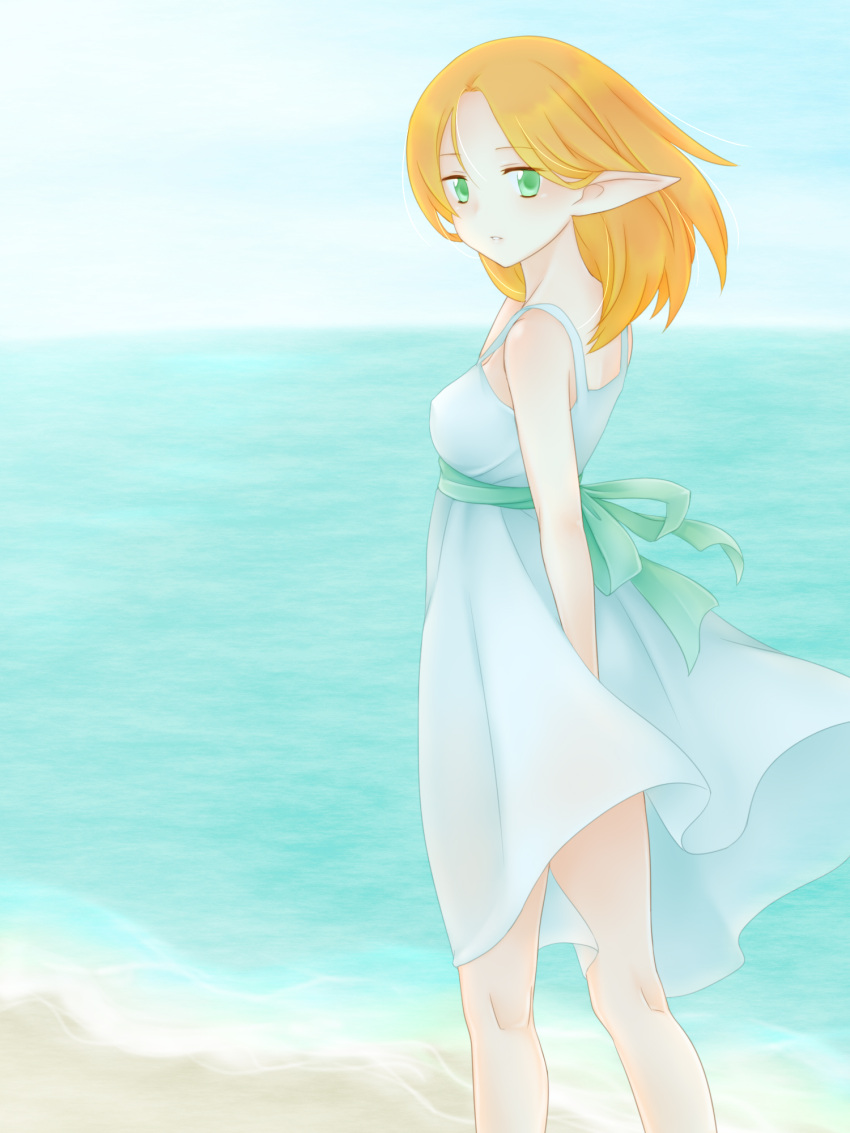 1girl, alternate_costume, alternate_hair_length, alternate_hairstyle, beach, blue_dress, blue_sky, breasts