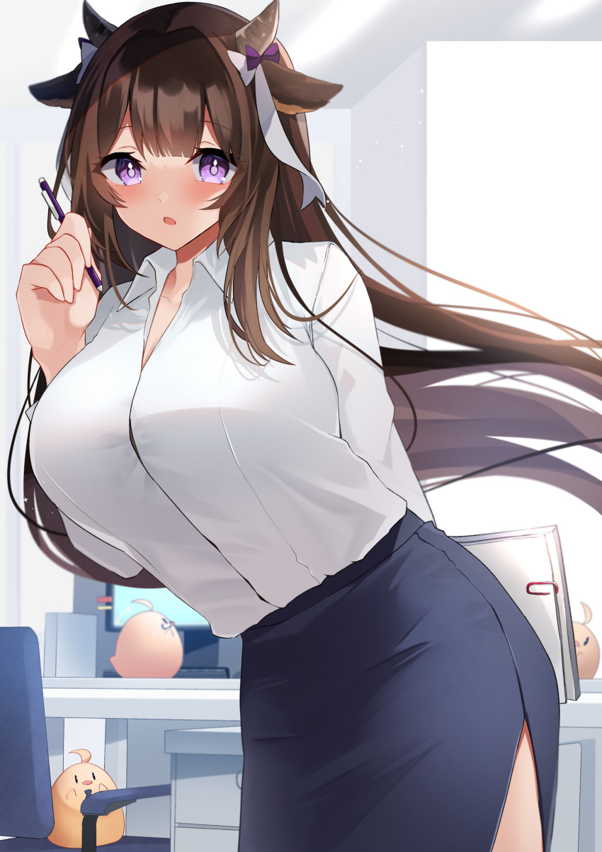 1girl, absurdres, animal_ears, azur_lane, blush, breasts, brown_hair, collared_shirt